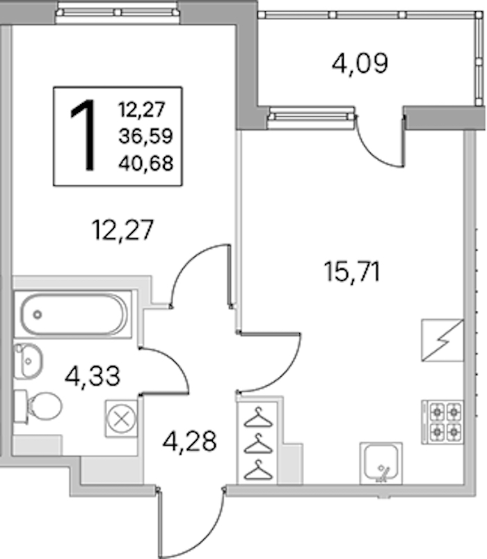1-комнатная квартира 36.59 м², 5/5 эт., ЖК «ЮгТаун. Олимпийские кварталы»